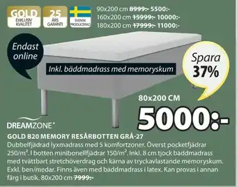 JYSK Dreamzone Gold B20 Memory Resårbotten Grä-27 erbjuda