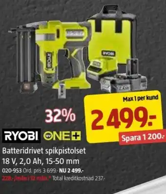 Jula RYOBI ONE+ Batteridrivet spikpistolset 18 V, 2,0 Ah, 15-50 mm erbjuda