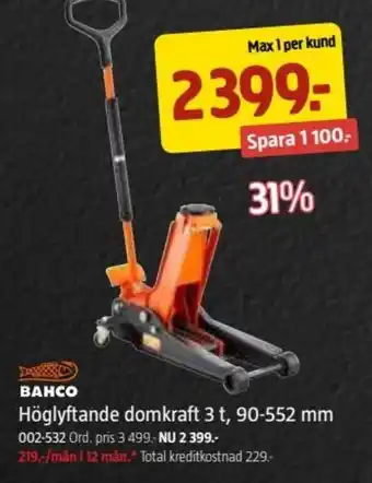 Jula Höglyftande domkraft 3 t, 90-552 mm erbjuda