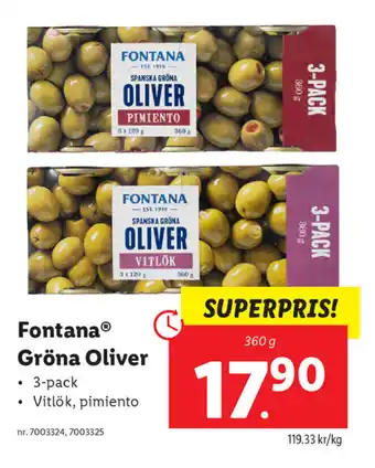 Lidl Fontana Gröna Oliver 3-pack 360g erbjuda