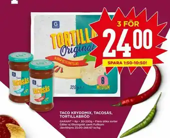 Willys Taco kryddmix, tacosås, tortillabröd erbjuda