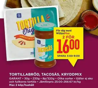 Willys Hemma Tortillabröd, tacosås, kryddmix erbjuda