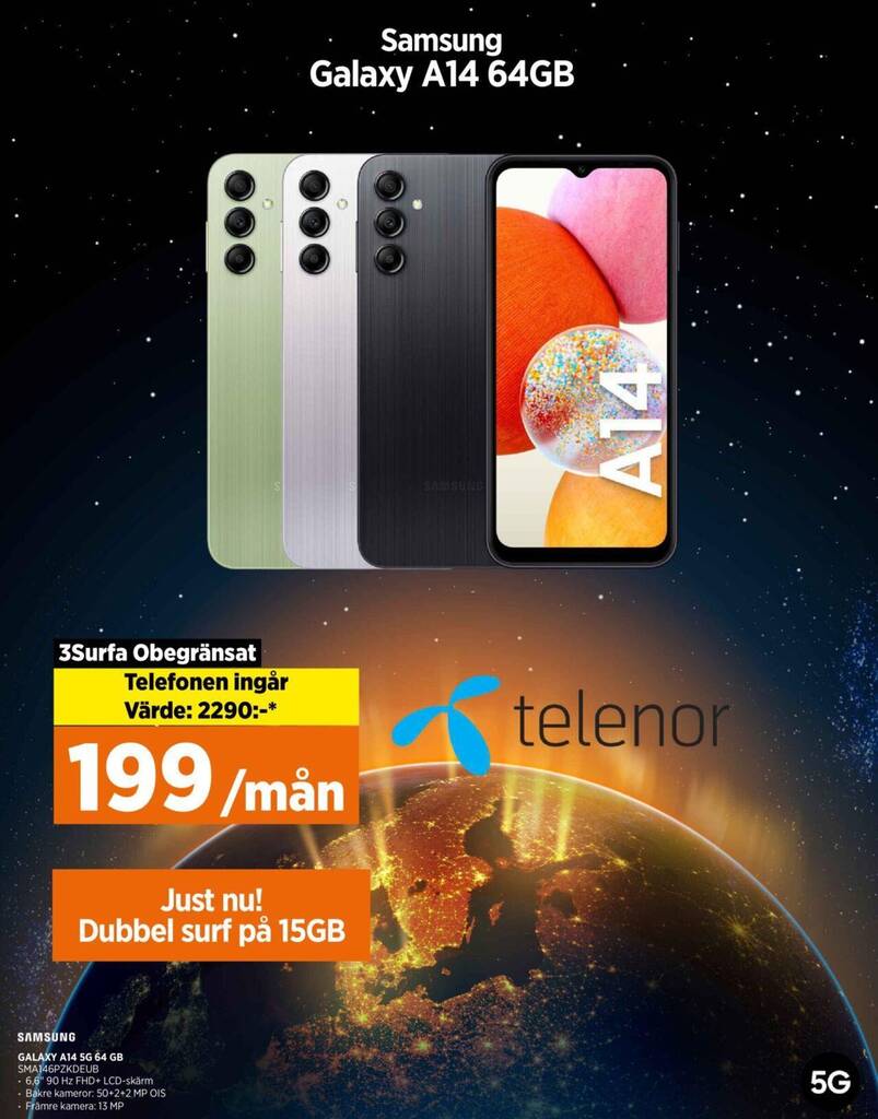 Power SAMSUNG GALAXY A14 5G 64 GB SMA146PZKDEUB erbjuda