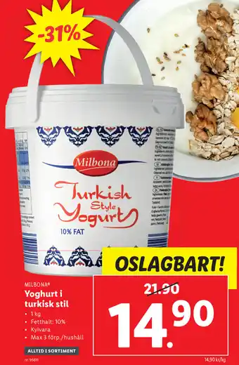 Lidl Milbona Yoghurt i turkisk stil 1kg erbjuda