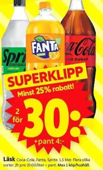 ICA Supermarket Läsk Coca-Cola, Fanta, Sprite. 1,5 liter erbjuda