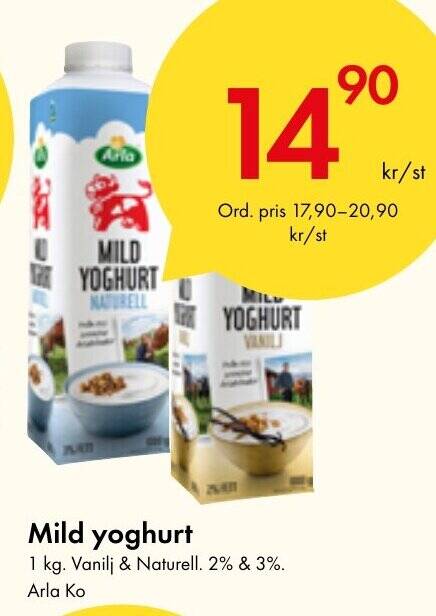 Snabbgross Mild yoghurt 1 kg. Vanilj & Naturell. 2% & 3%. Arla Ko erbjuda