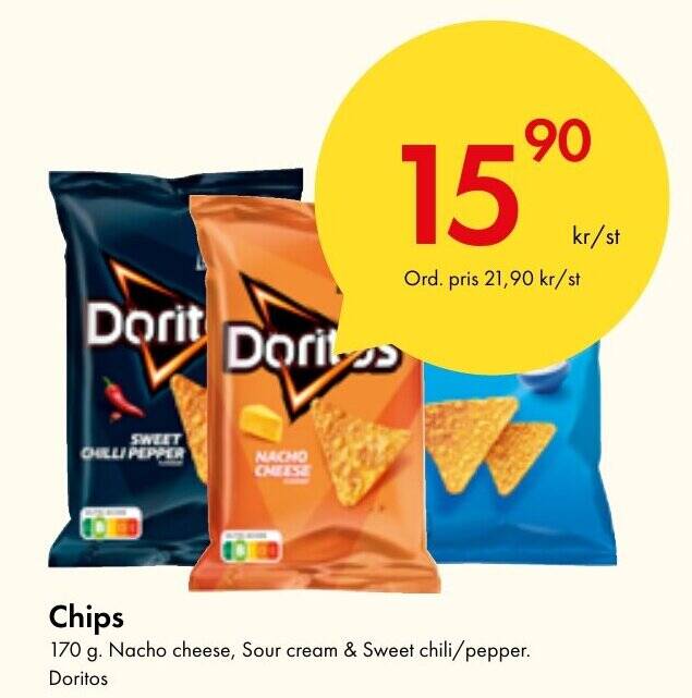 Snabbgross Chips 170 g. Nacho cheese, Sour cream & Sweet chili/pepper. Doritos erbjuda