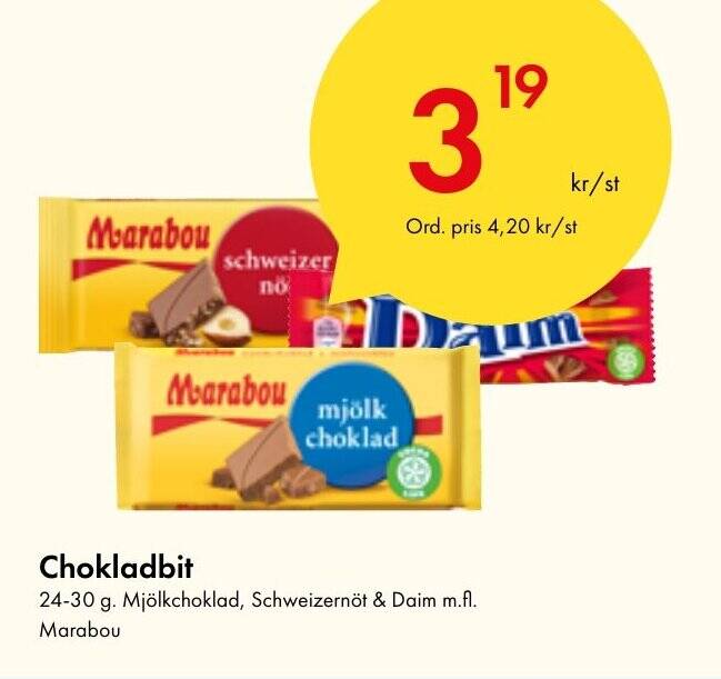 Snabbgross Chokladbit 24-30 g. Mjölkchoklad, Schweizernöt & Daim m.fl. Marabou erbjuda