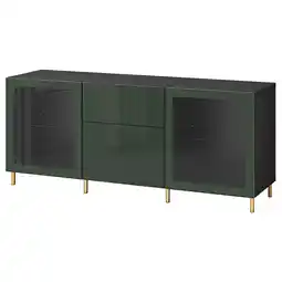 IKEA Bestå förvaring med lådor, svartbrun selsviken/ösarp/mörk olivgrön klarglas, 180x42x74 cm erbjuda