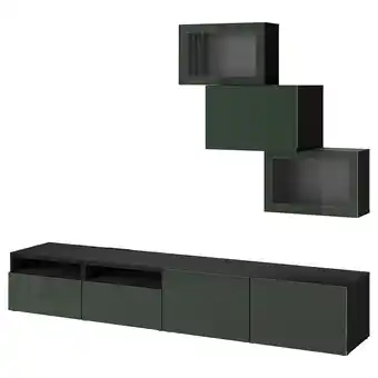 IKEA Bestå tv-förvaring kombination/glasdörrar, svartbrun glassvik/selsviken mörk olivgrön, 240x42x190 cm erbjuda