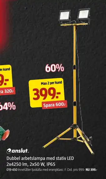 Jula Dubbel arbetslampa med stativ led 2x4250 lm, 2x50 w, ip65 erbjuda
