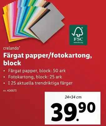 Lidl crelando Färgat papper/fotokartong, block erbjuda