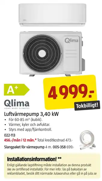 Jula Luftvärmepump 3,40 kw erbjuda