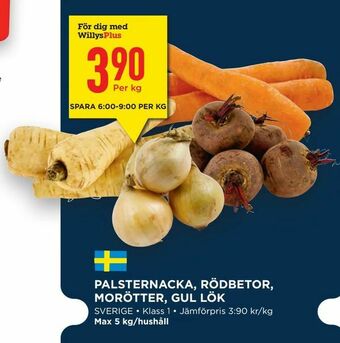 Willys Hemma Palsternacka, rödbetor, morötter, gul lök erbjuda