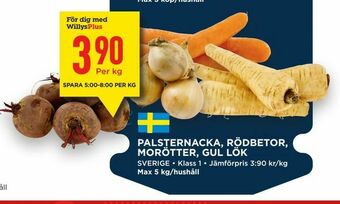 Willys Palsternacka, rödbetor, morötter, gul lök erbjuda