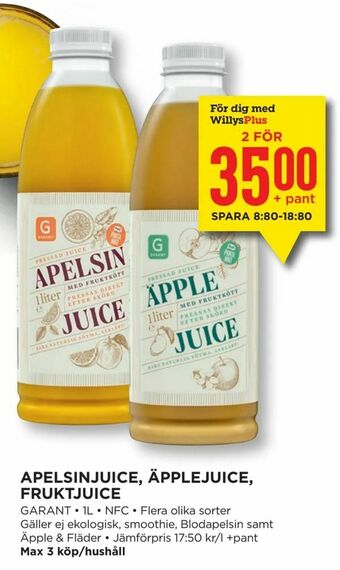 Willys Apelsinjuice, äpplejuice, fruktjuice erbjuda