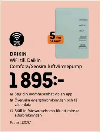 Elon WiFi. WiFi till Daikin Comfora/Sensira luftvärmepump erbjuda