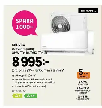 Elon Canvac Luftvärmepump QHW-TA41A/QHX-TA41A erbjuda