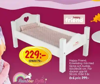 Leklust Happy Friend Enkelsäng i trä med täcke och kudde erbjuda
