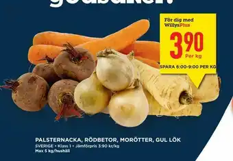 Willys Hemma Palsternacka, rödbetor, morötter, gul lök erbjuda