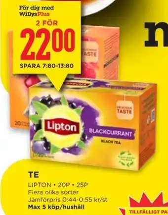 TE LIPTON . 20P. 25P Flera olika sorter Jämförpris 0:44-0:55 kr/st Max 5 köp/hushåll