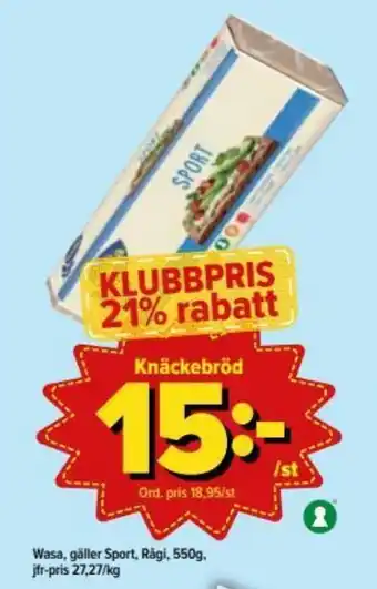 Wasa Knäckebröd Rågi, Sport 550g