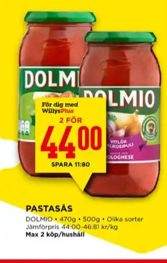 Willys Dolmio pastasås erbjuda