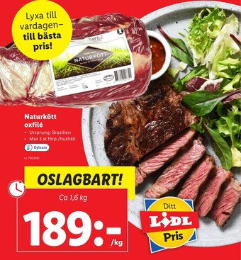 Lidl Naturkött Oxfilé 1.6 kg erbjuda