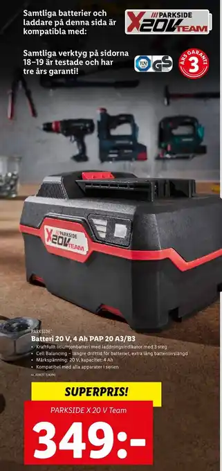 Lidl Parkside Batteri 20 V, 4 Ah PAP 20 A3/B3 erbjuda