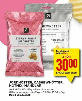 Willys Jordnötter, cashewnötter, nötmix, mandlar erbjuda