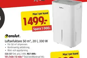 Jula Luftavfuktare 50 m², 20 l, 330 W erbjuda