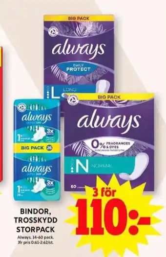 ICA Maxi Always bindor erbjuda
