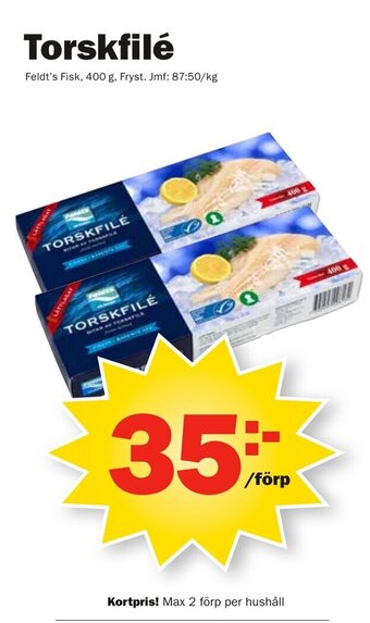Pekås Feldt's Fisk Torskfilé 400g erbjuda