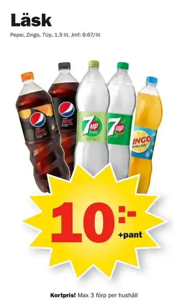 Pekås Pepsi, Zingo, 7up, Läsk 1,5 lit erbjuda