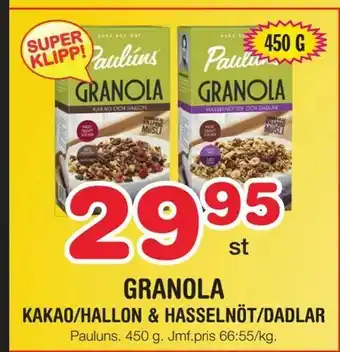 Nya Pulsen Granola kakao/hallon & hasselnöt/dadlar erbjuda