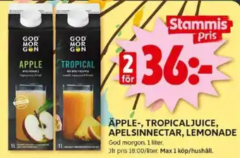 ICA Kvantum ÄPPLE-, TROPICALJUICE, APELSINNECTAR, LEMONADE erbjuda