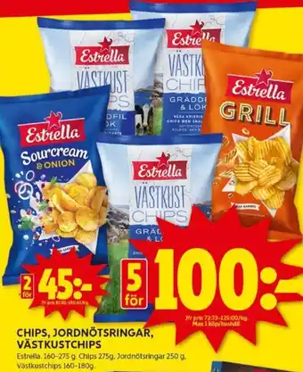 ICA Kvantum CHIPS, JORDNÖTSRINGAR, VÄSTKUSTCHIPS erbjuda