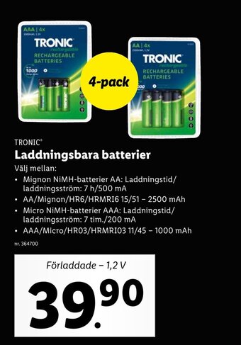 Lidl Tronic Laddningsbara batterier erbjuda