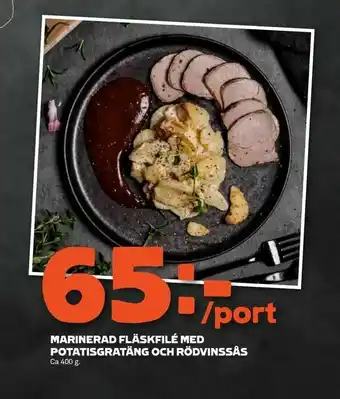 Marinerad fläskfilé med potatisgratäng och rödvinssås