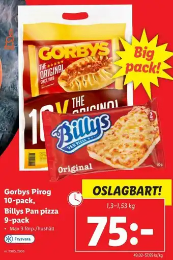 Gorbys Pirog 10-pack, Billys Pan pizza 9-pack 1,3-1,53 kg