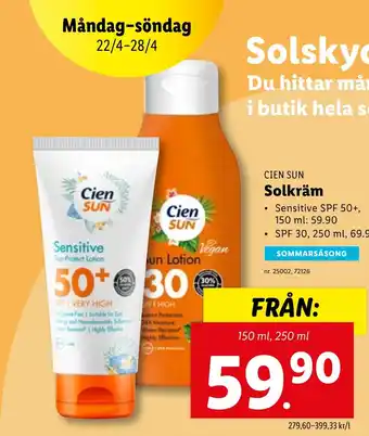 Lidl CIEN SUN Solkräm erbjuda