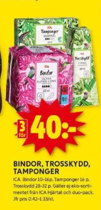 ICA Kvantum BINDOR, TROSSKYDD, TAMPONGER erbjuda