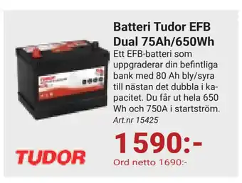 Erlandsons Brygga Batteri Tudor EFB Dual 75Ah/650Wh erbjuda