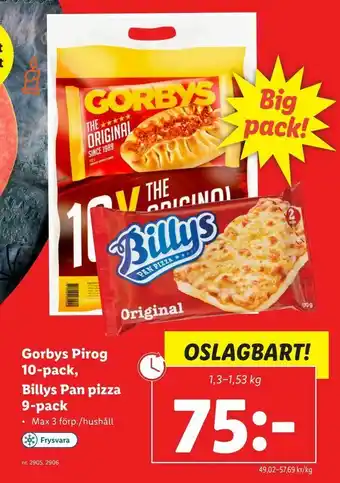 Lidl Gorbys Pirog 10-pack, Billys Pan pizza 9-pack erbjuda