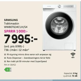 Elon Samsung Tvättmaskin WW80T634CLH/S4 erbjuda