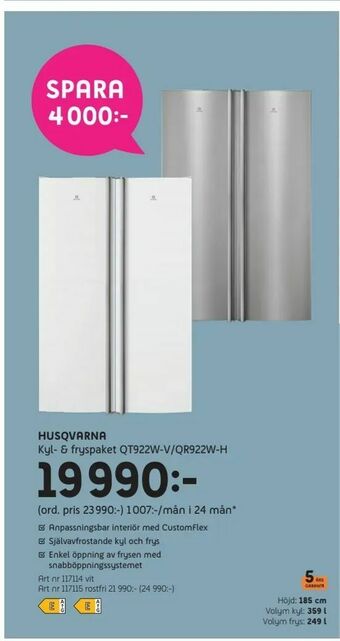 Elon Husqvarna Kyl- & fryspaket QT922W-V/QR922W-H erbjuda