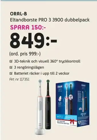 Elon Oral-b Eltandborste PRO 3 3900 dubbelpack erbjuda