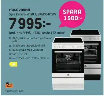 Husqvarna Spis Keramikhäll QSK60040SW