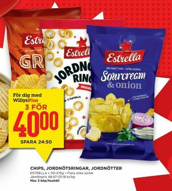 Willys Hemma Chips, jordnötsringar, jordnötter erbjuda