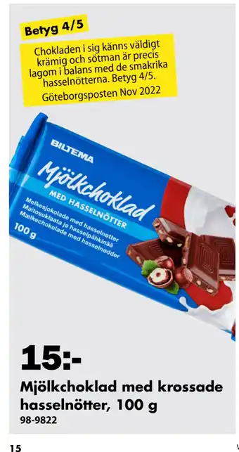Biltema Mjölkchoklad med krossade hasselnötter, 100 g erbjuda